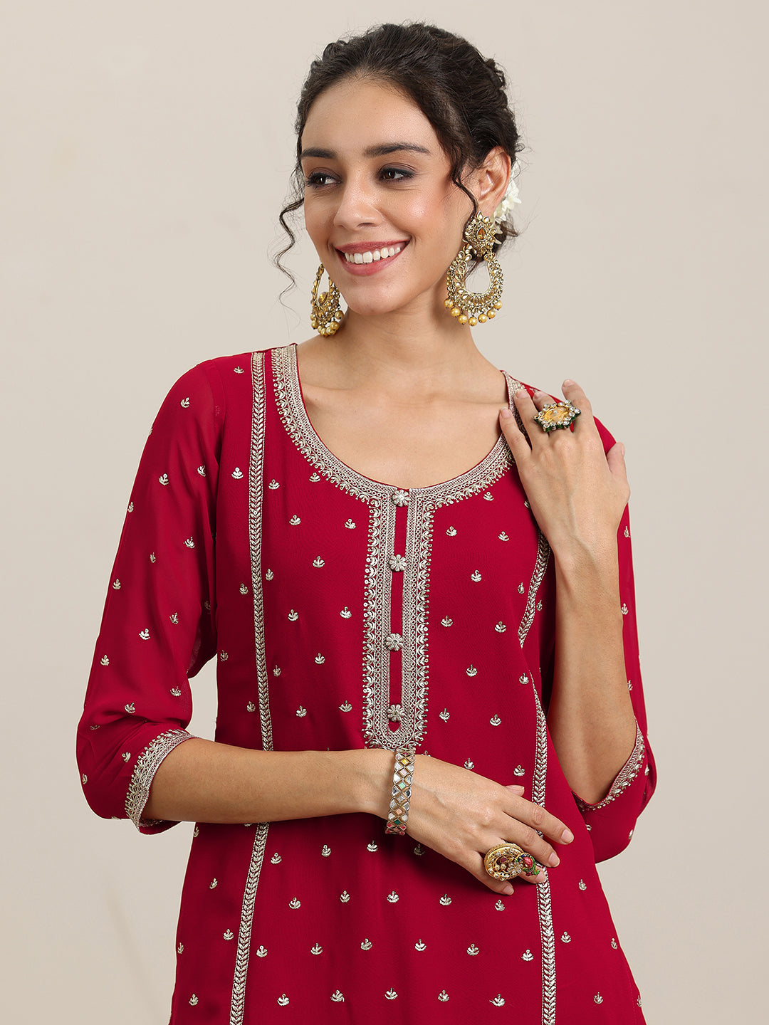 Red Embroidered Georgette Straight Suit With Dupatta