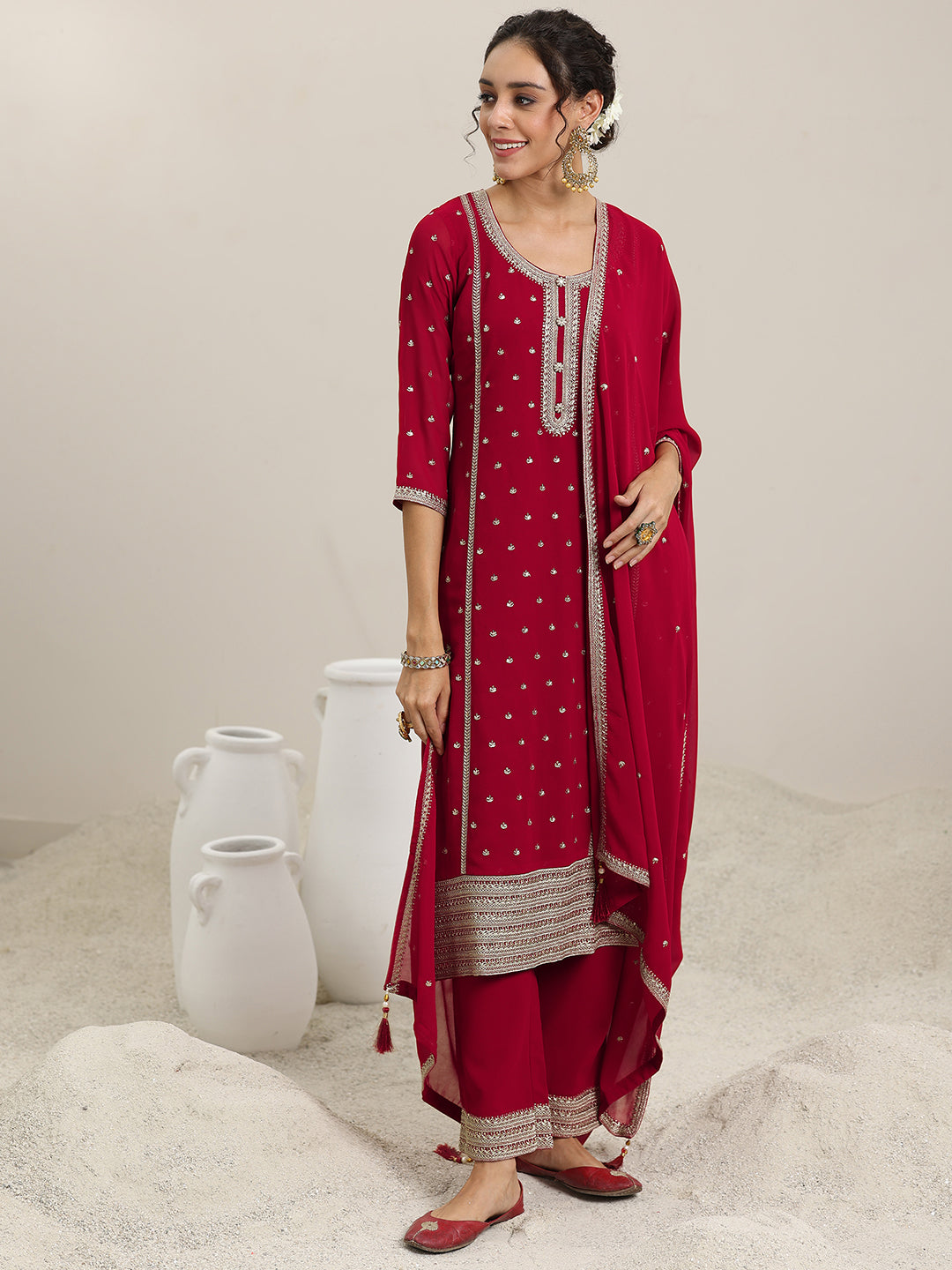 Red Embroidered Georgette Straight Suit With Dupatta