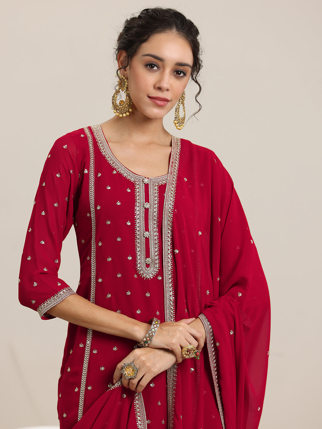 Red Embroidered Georgette Straight Suit With Dupatta