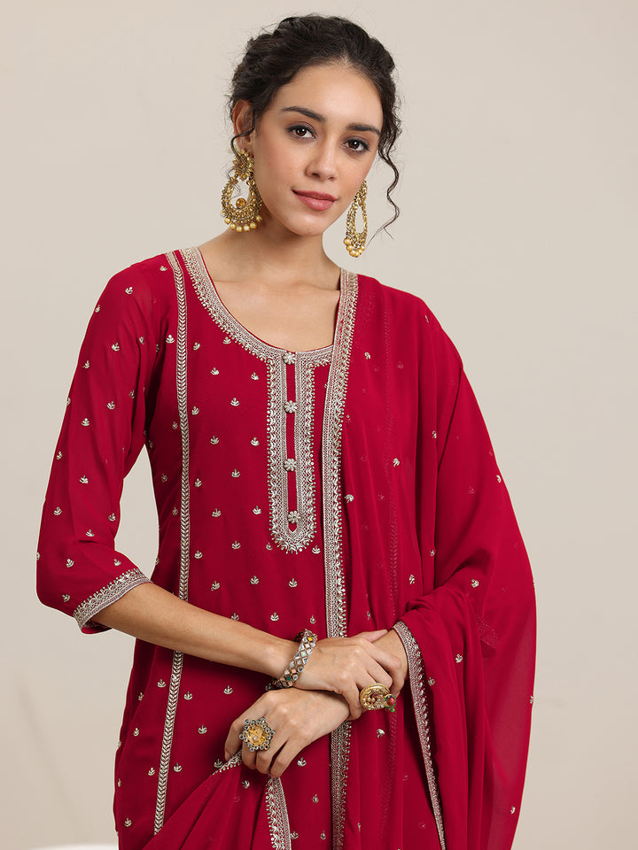 Red Embroidered Georgette Straight Suit With Dupatta