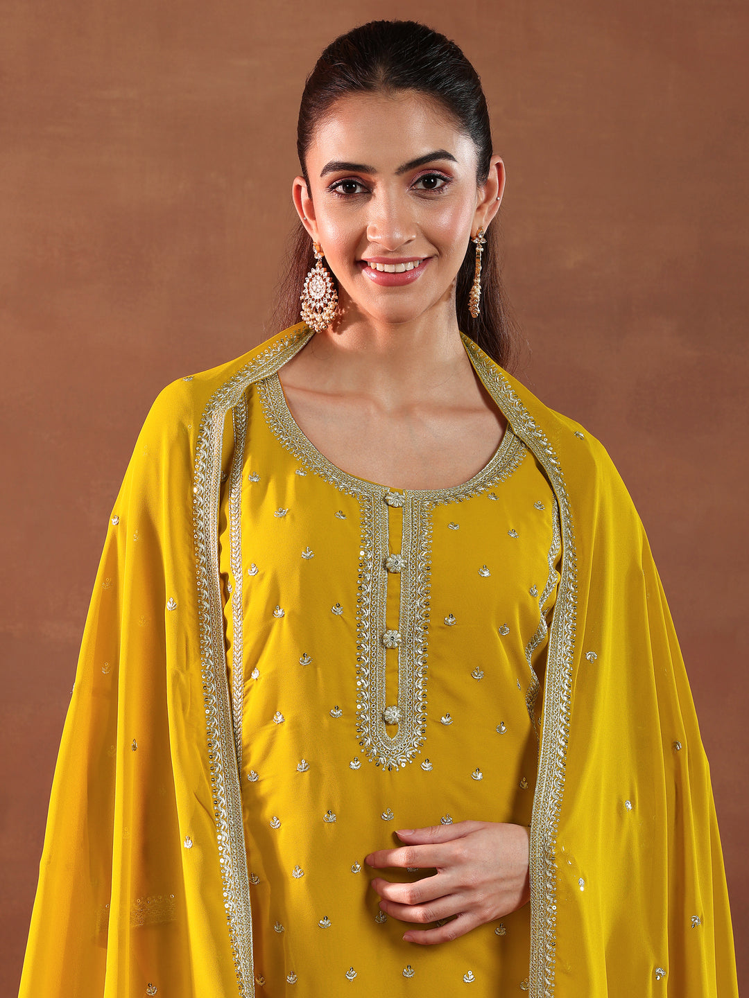 Mustard Embroidered Georgette Straight Suit With Dupatta
