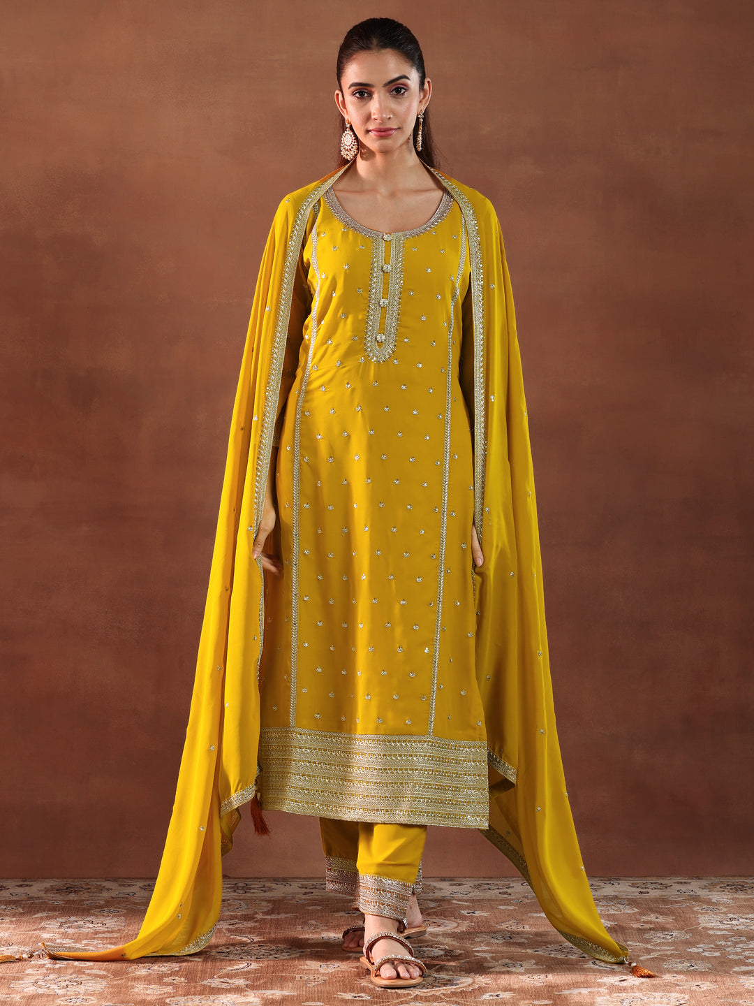Mustard Embroidered Georgette Straight Suit With Dupatta