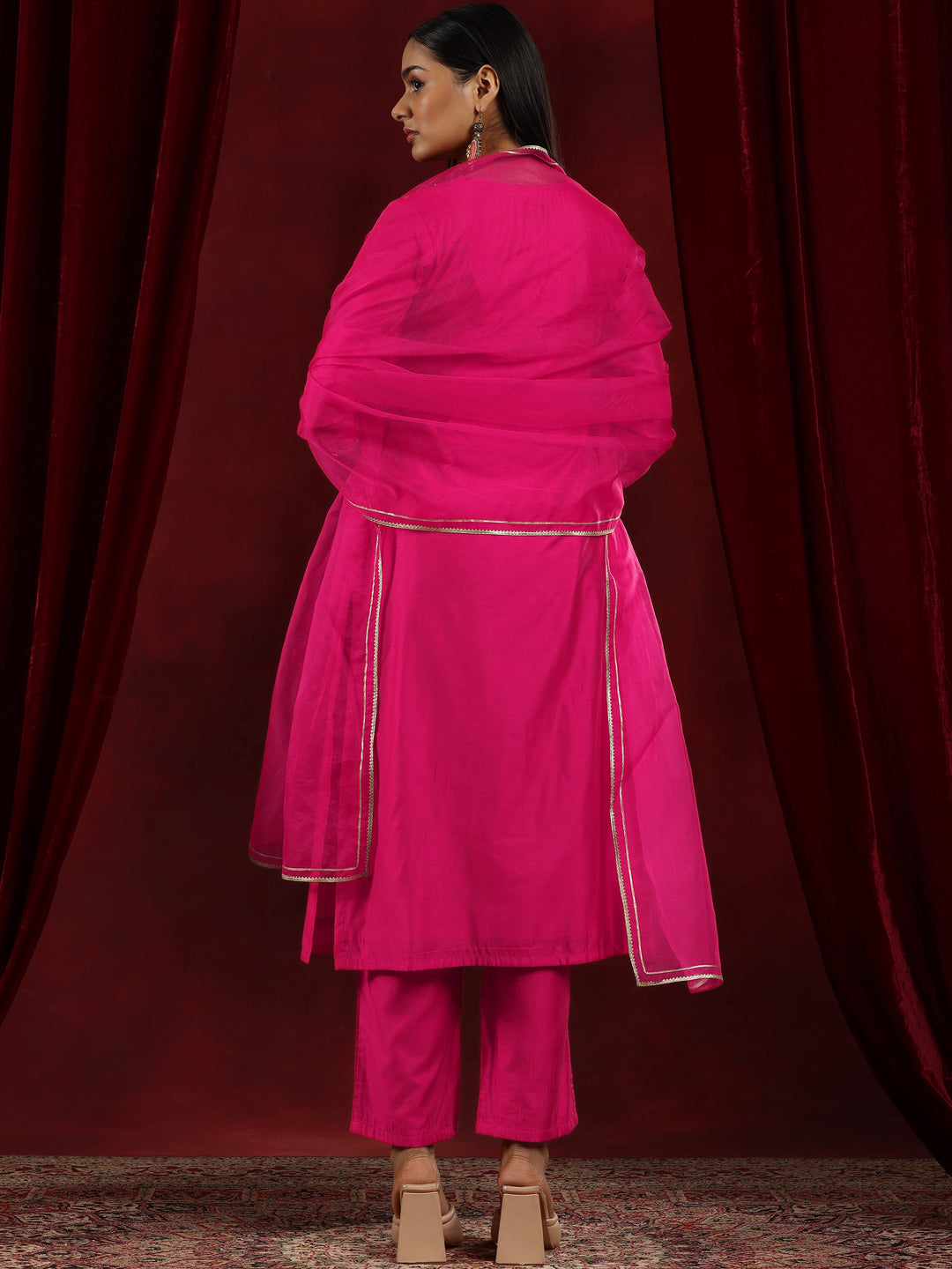 Libas Art Pink Yoke Design Chanderi Silk Straight Suit With Dupatta
