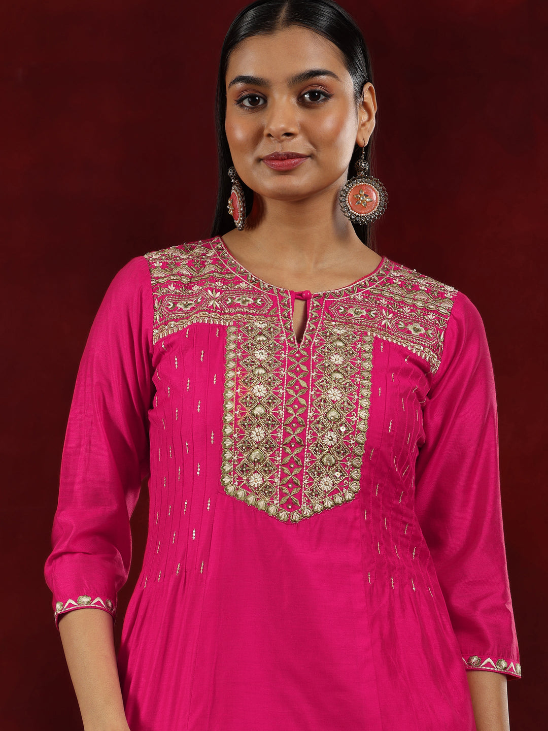 Libas Art Pink Yoke Design Chanderi Silk Straight Suit With Dupatta