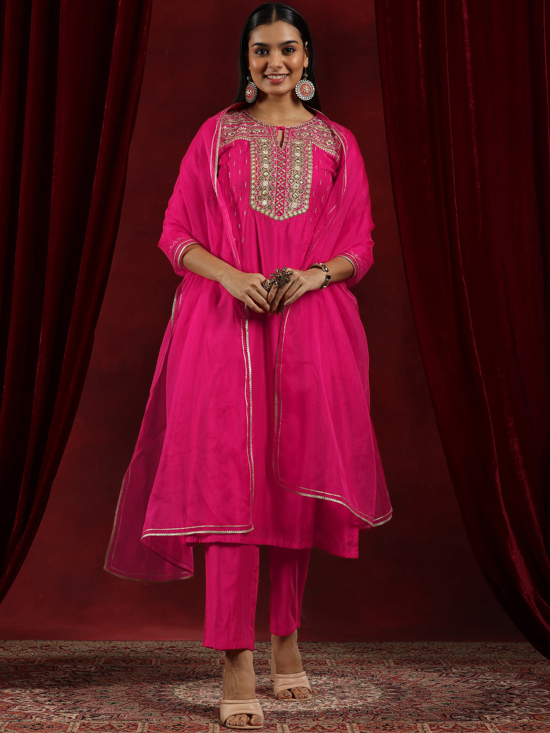 Libas Art Pink Yoke Design Chanderi Silk Straight Suit With Dupatta