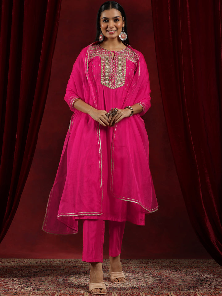 Libas Art Pink Yoke Design Chanderi Silk Straight Suit With Dupatta