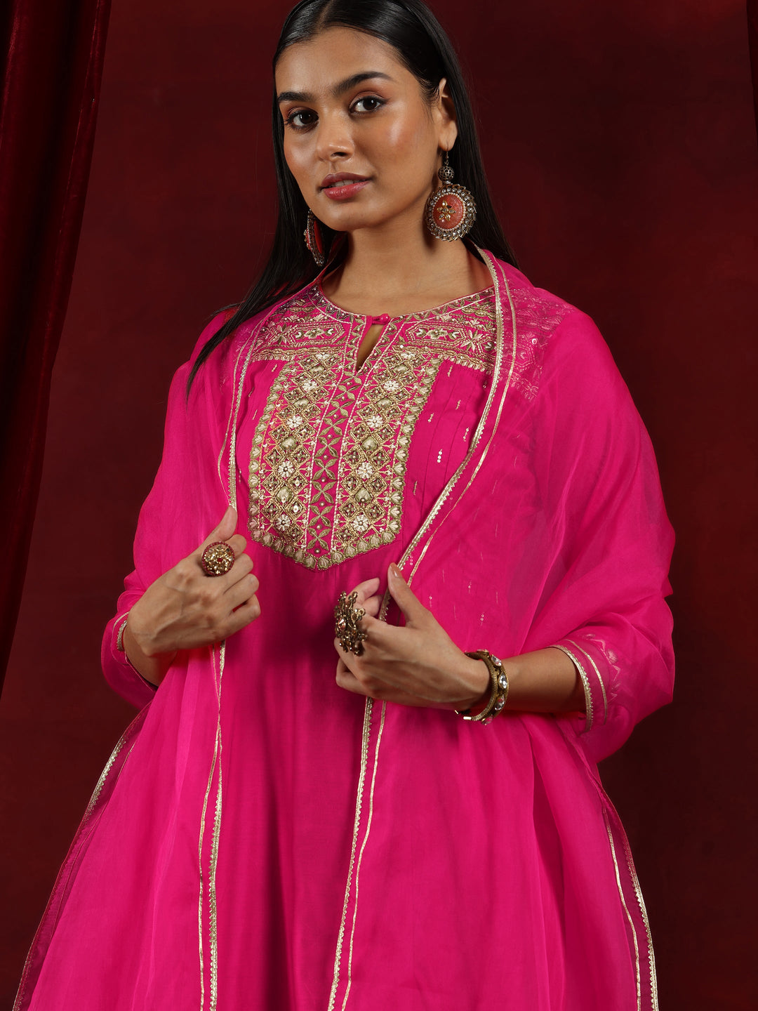 Libas Art Pink Yoke Design Chanderi Silk Straight Suit With Dupatta