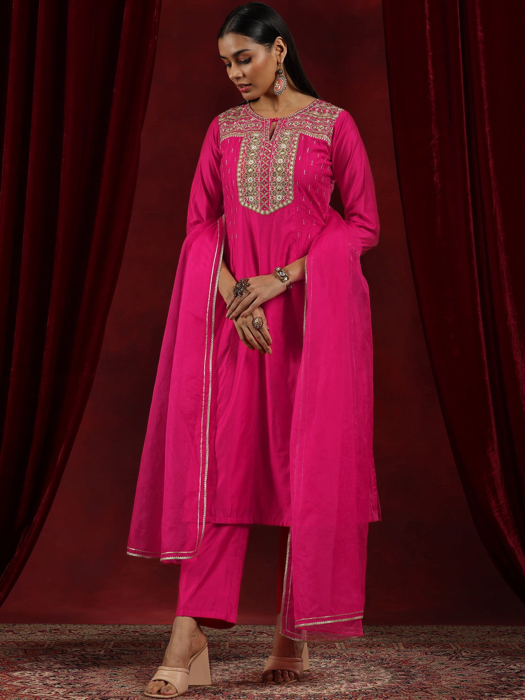 Libas Art Pink Yoke Design Chanderi Silk Straight Suit With Dupatta