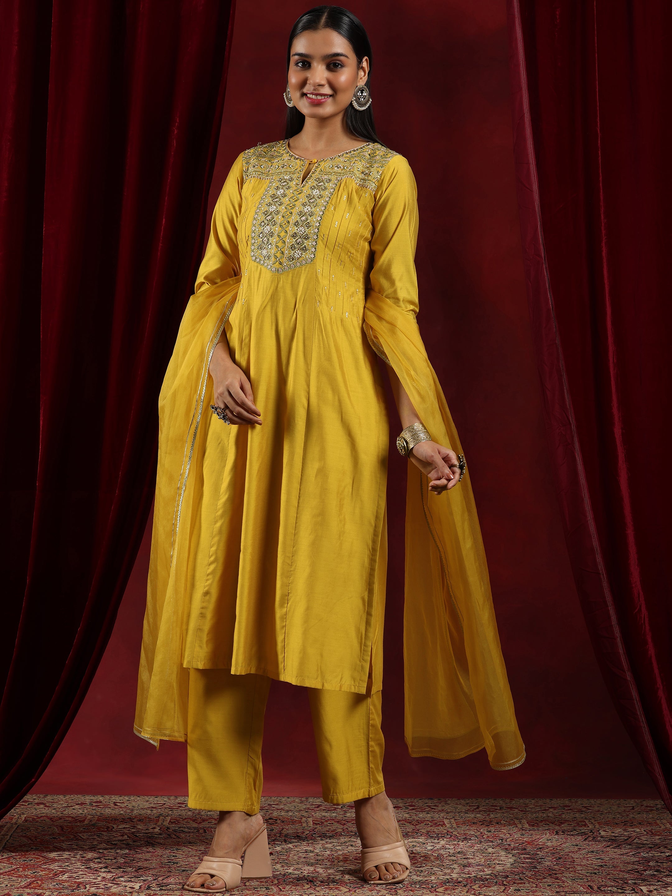Mustard Yoke Design Velvet Straight Suit Set