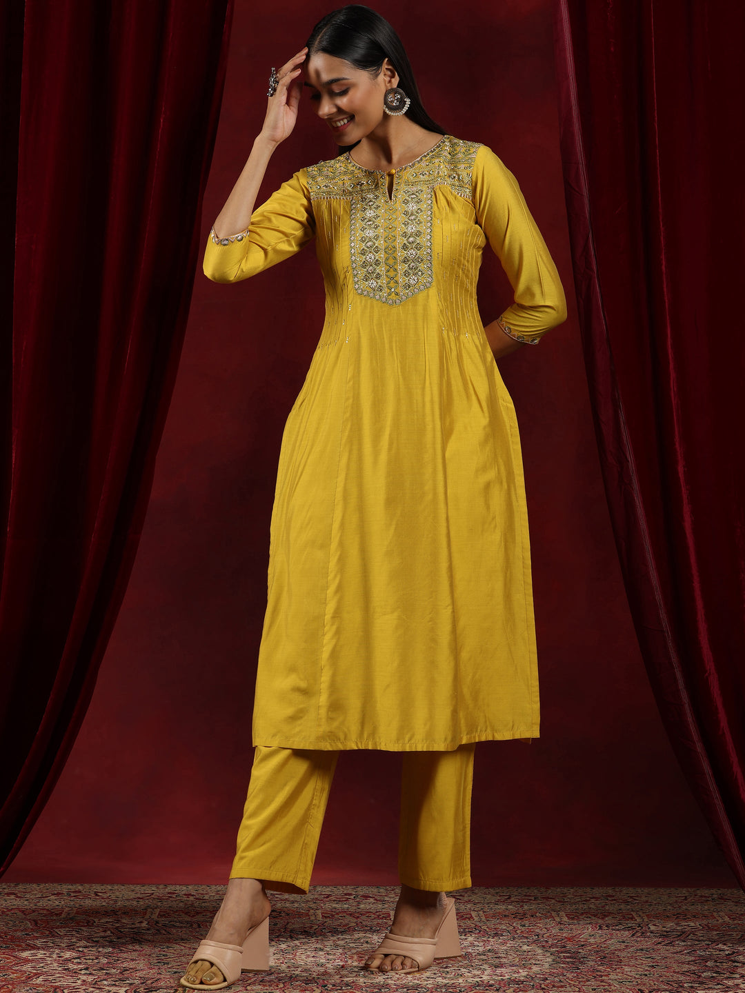 Libas Art Mustard Yoke Design Chanderi Silk Straight Suit With Dupatta