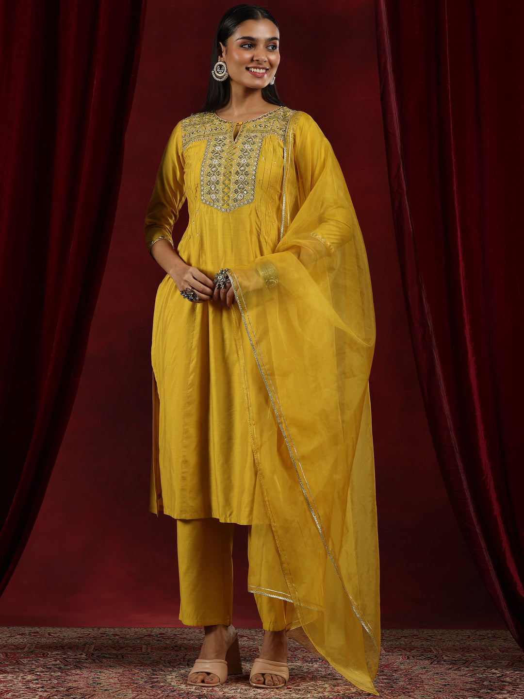 Libas Art Mustard Yoke Design Chanderi Silk Straight Suit With Dupatta