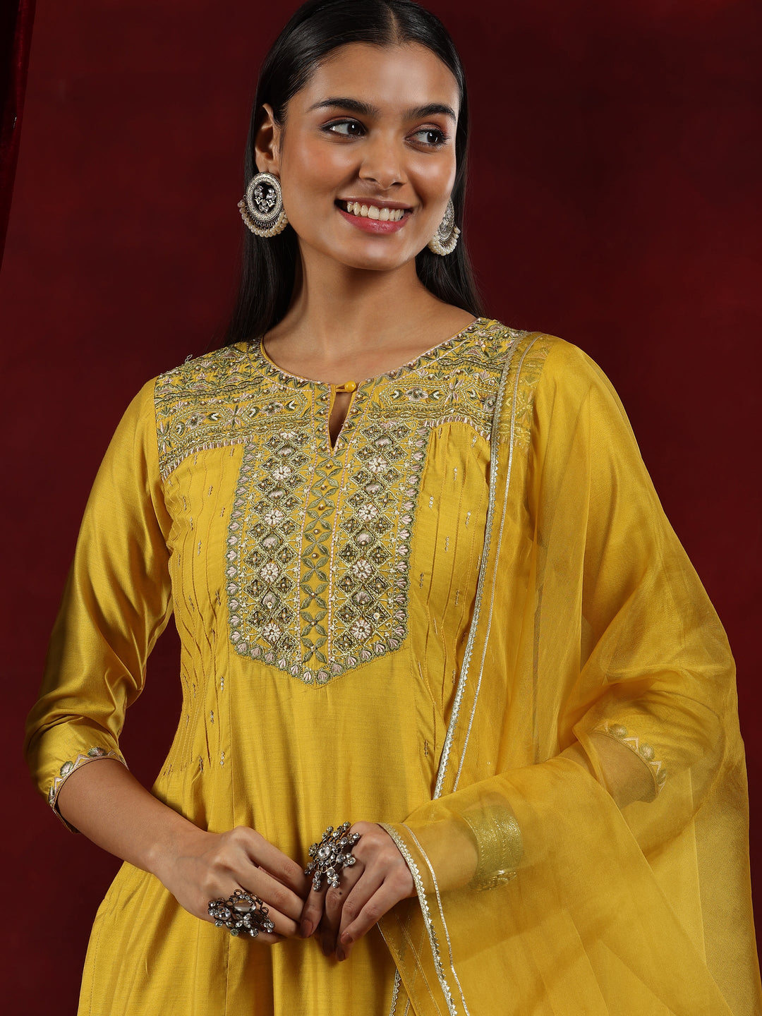 Libas Art Mustard Yoke Design Chanderi Silk Straight Suit With Dupatta