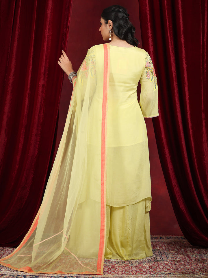 Libas Art Green Embroidered Chinon A-Line Suit With Dupatta