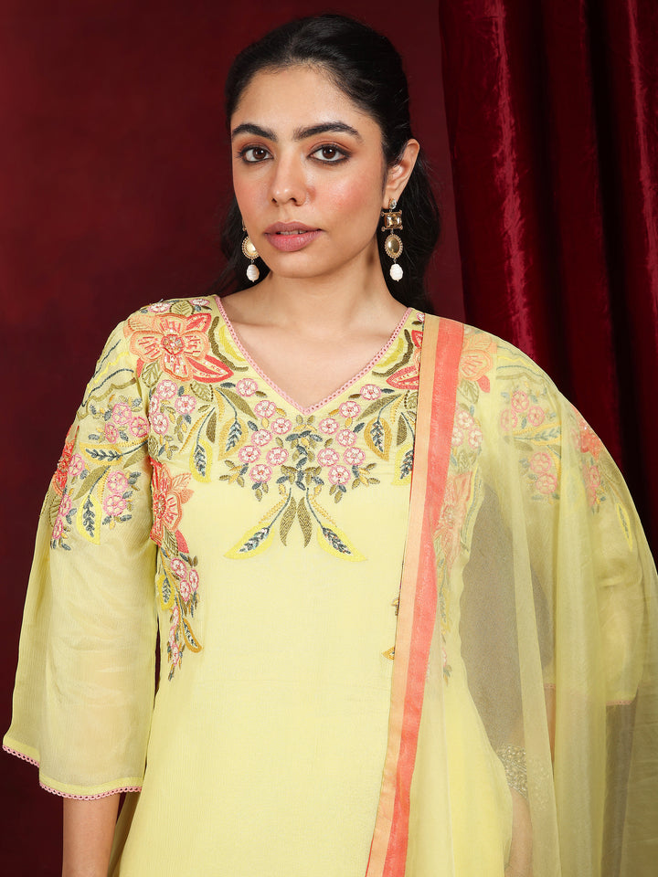 Libas Art Green Embroidered Chinon A-Line Suit With Dupatta