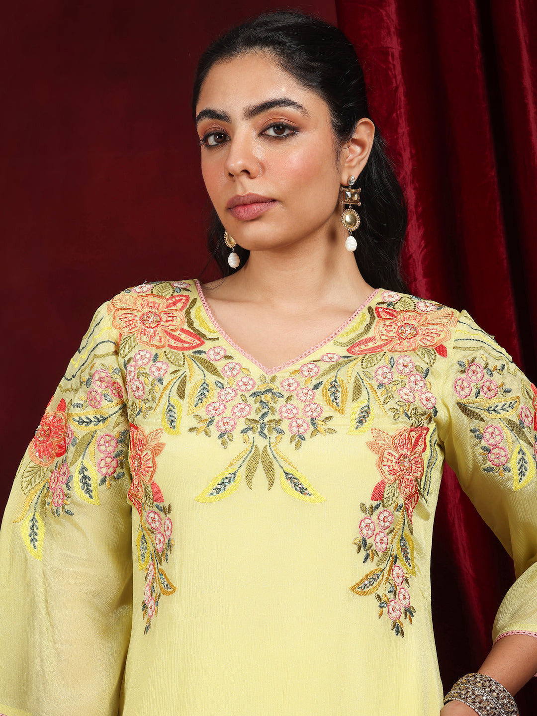 Libas Art Green Embroidered Chinon A-Line Suit With Dupatta