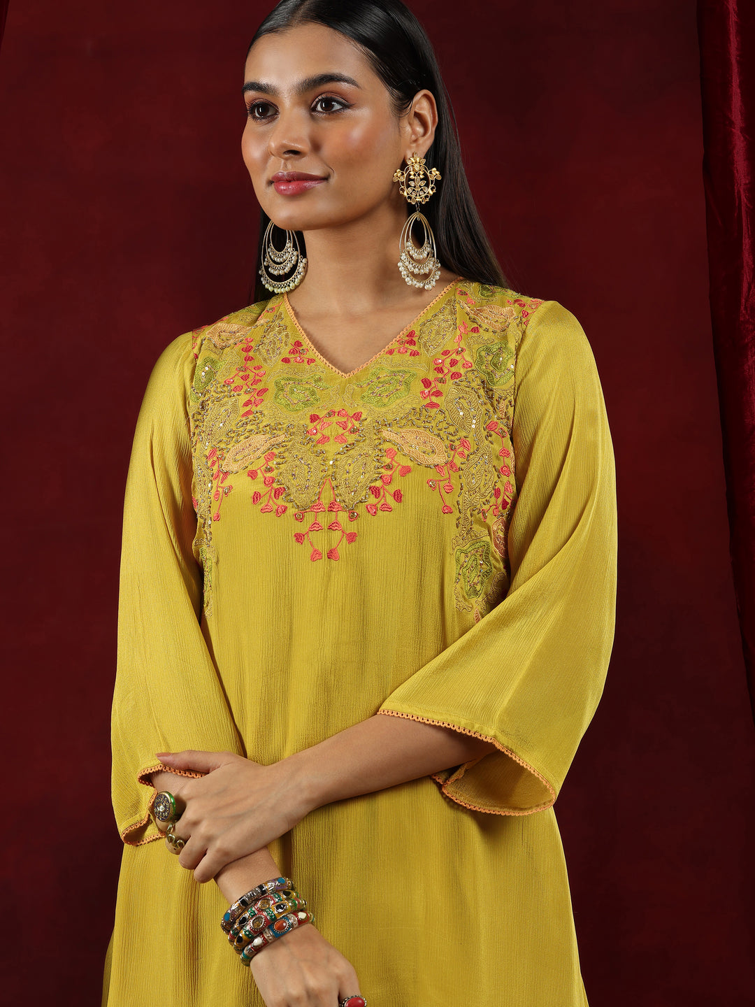 Libas Art Mustard Embroidered Chinon A-Line Kurta With Palazzos & Dupatta