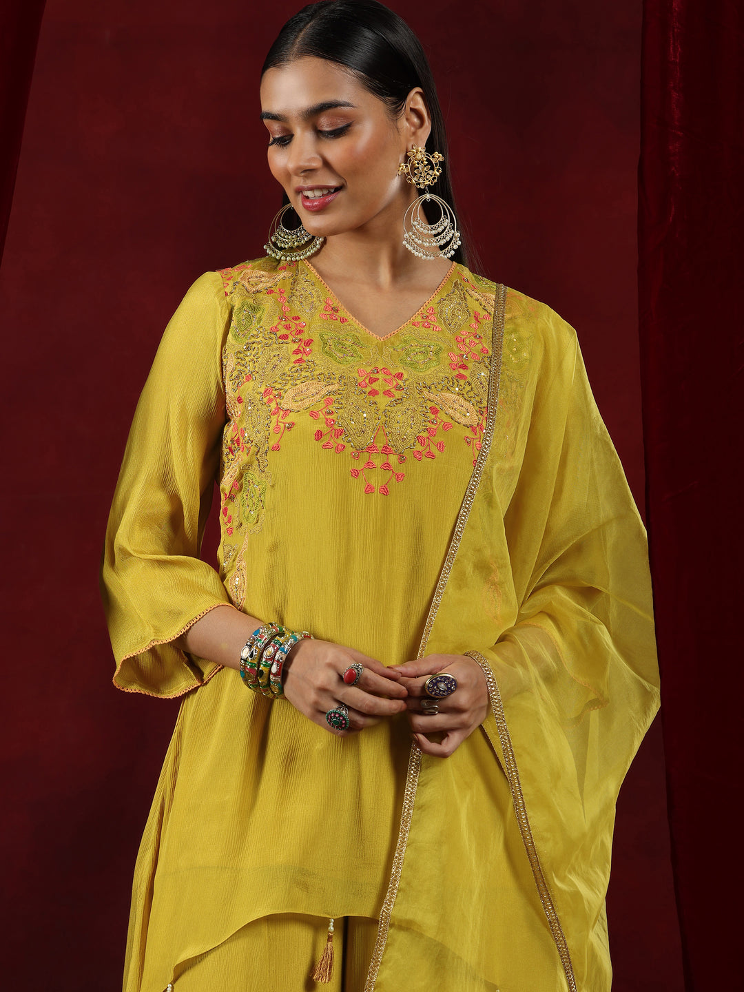 Libas Art Mustard Embroidered Chinon A-Line Kurta With Palazzos & Dupatta