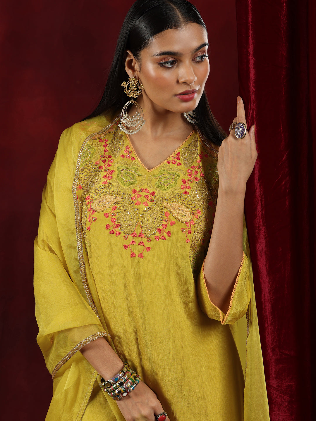 Libas Art Mustard Embroidered Chinon A-Line Kurta With Palazzos & Dupatta