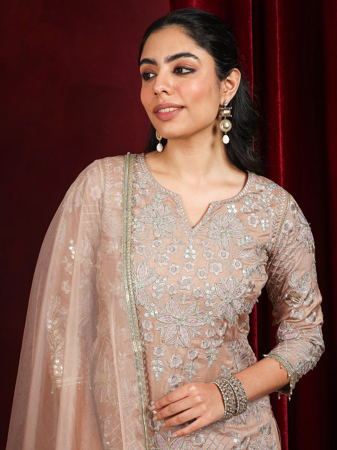 Libas Art Nude Embroidered Silk Blend Straight Suit With Dupatta