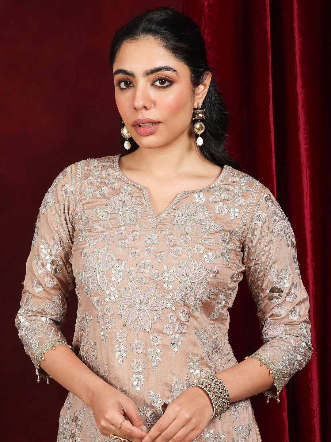 Libas Art Nude Embroidered Silk Blend Straight Suit With Dupatta