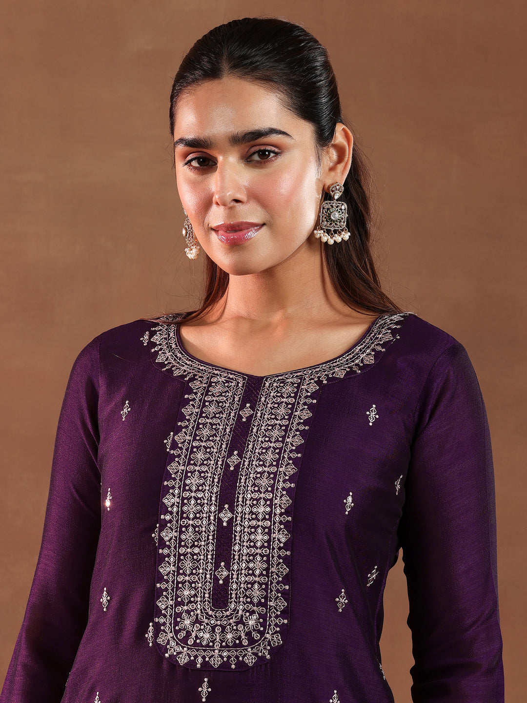 Wine Embroidered Silk Blend Straight Suit With Dupatta