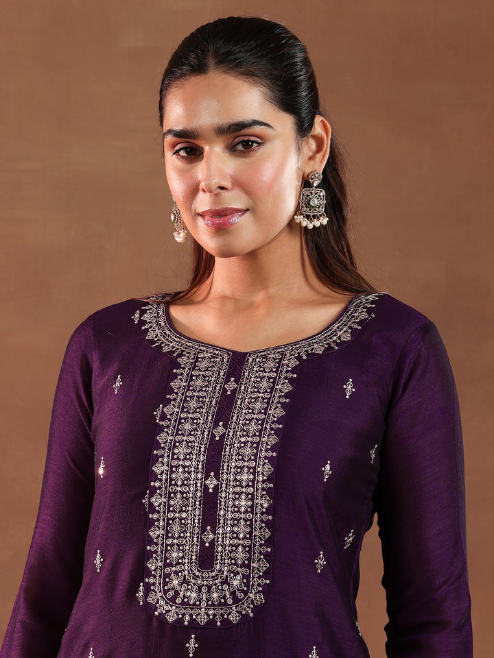 Wine Embroidered Silk Blend Straight Suit With Dupatta