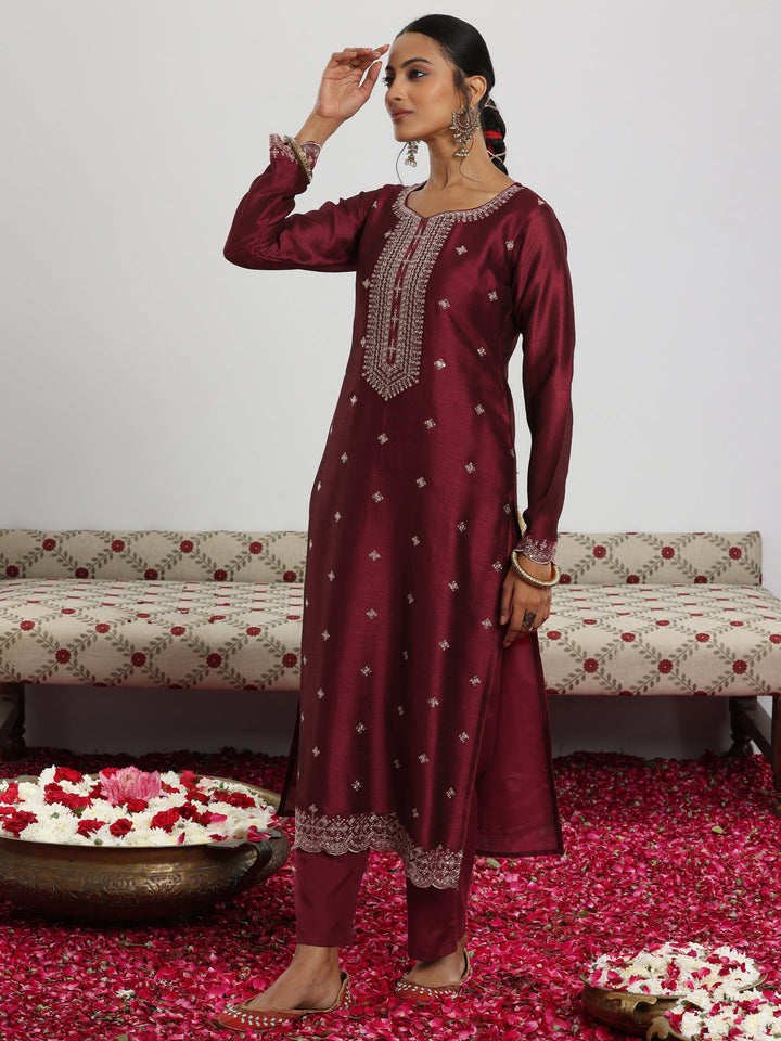 Maroon Embroidered Silk Blend Straight Suit With Dupatta