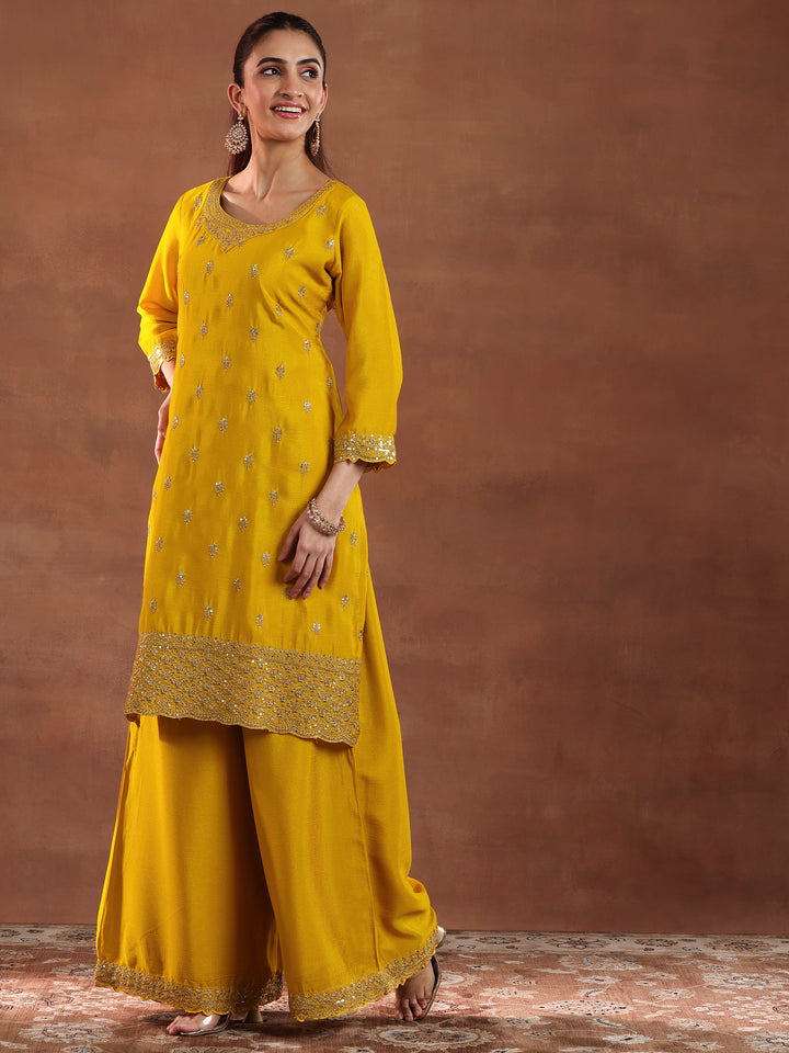 Mustard Embroidered Silk Blend Straight Suit With Dupatta