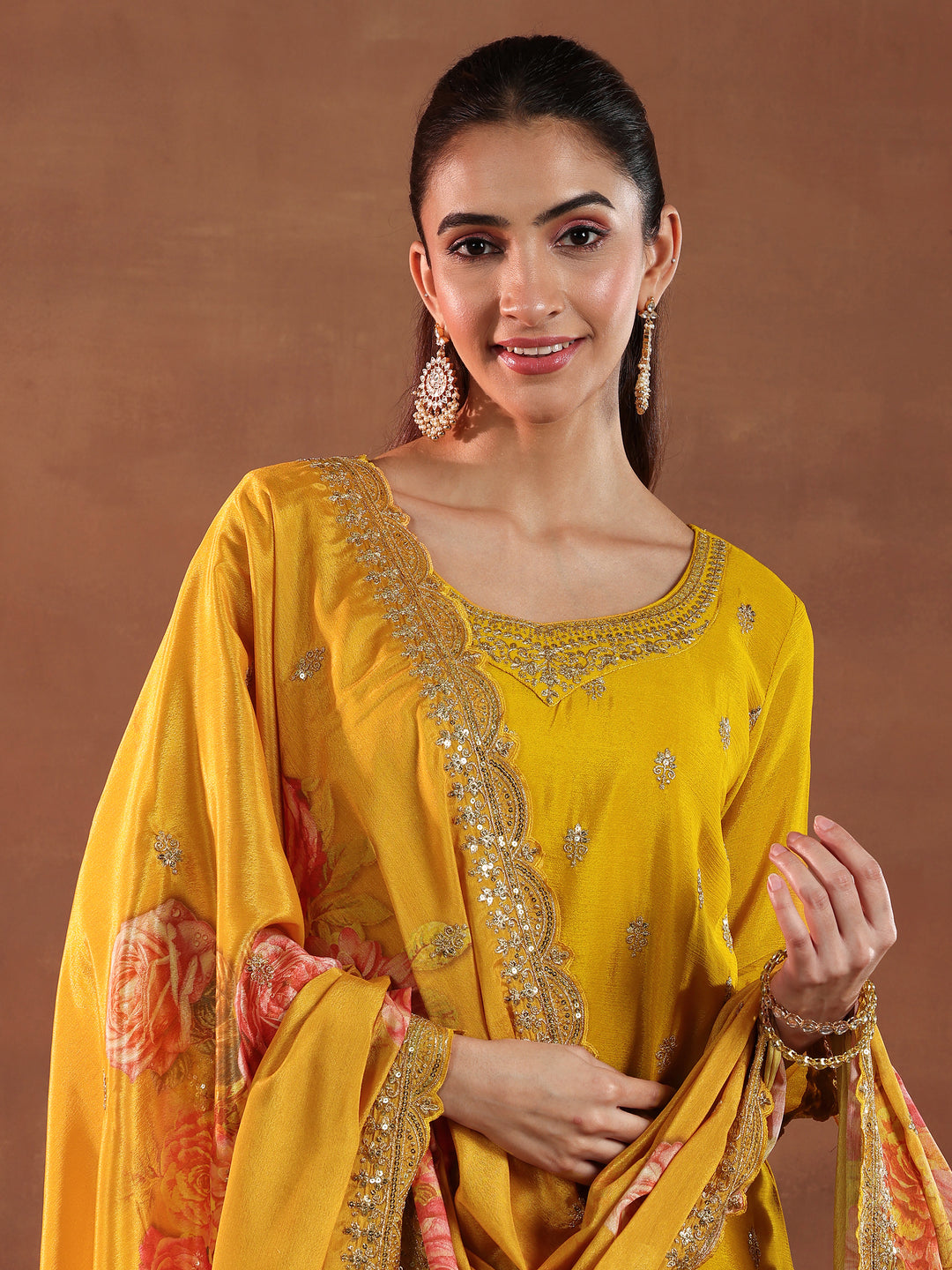 Mustard Embroidered Silk Blend Straight Suit With Dupatta
