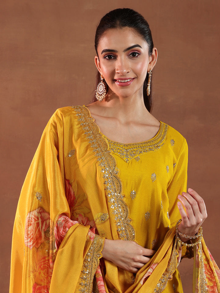 Mustard Embroidered Silk Blend Straight Suit With Dupatta