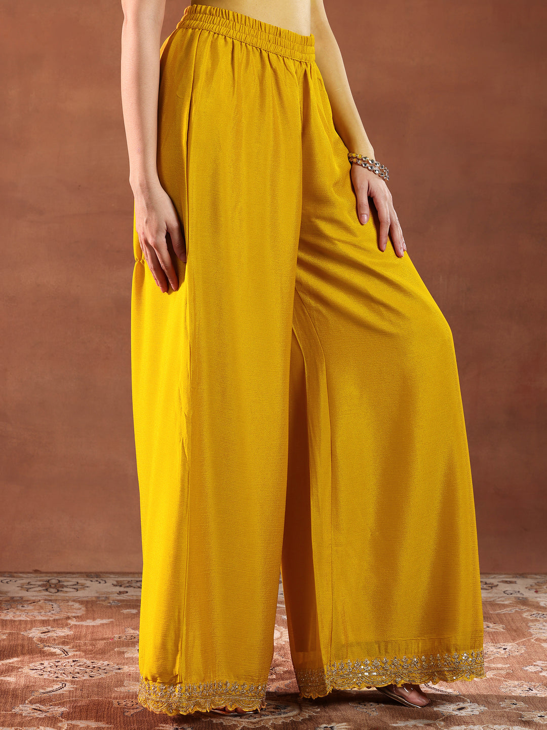 Mustard Embroidered Silk Blend Straight Suit With Dupatta