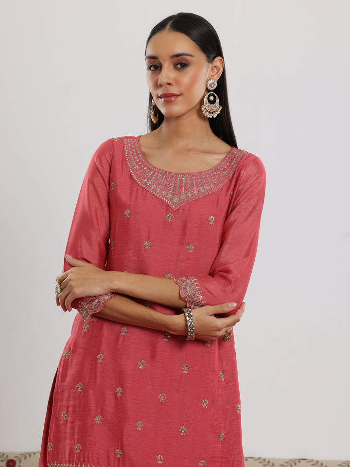 Pink Embroidered Silk Blend Straight Suit With Dupatta