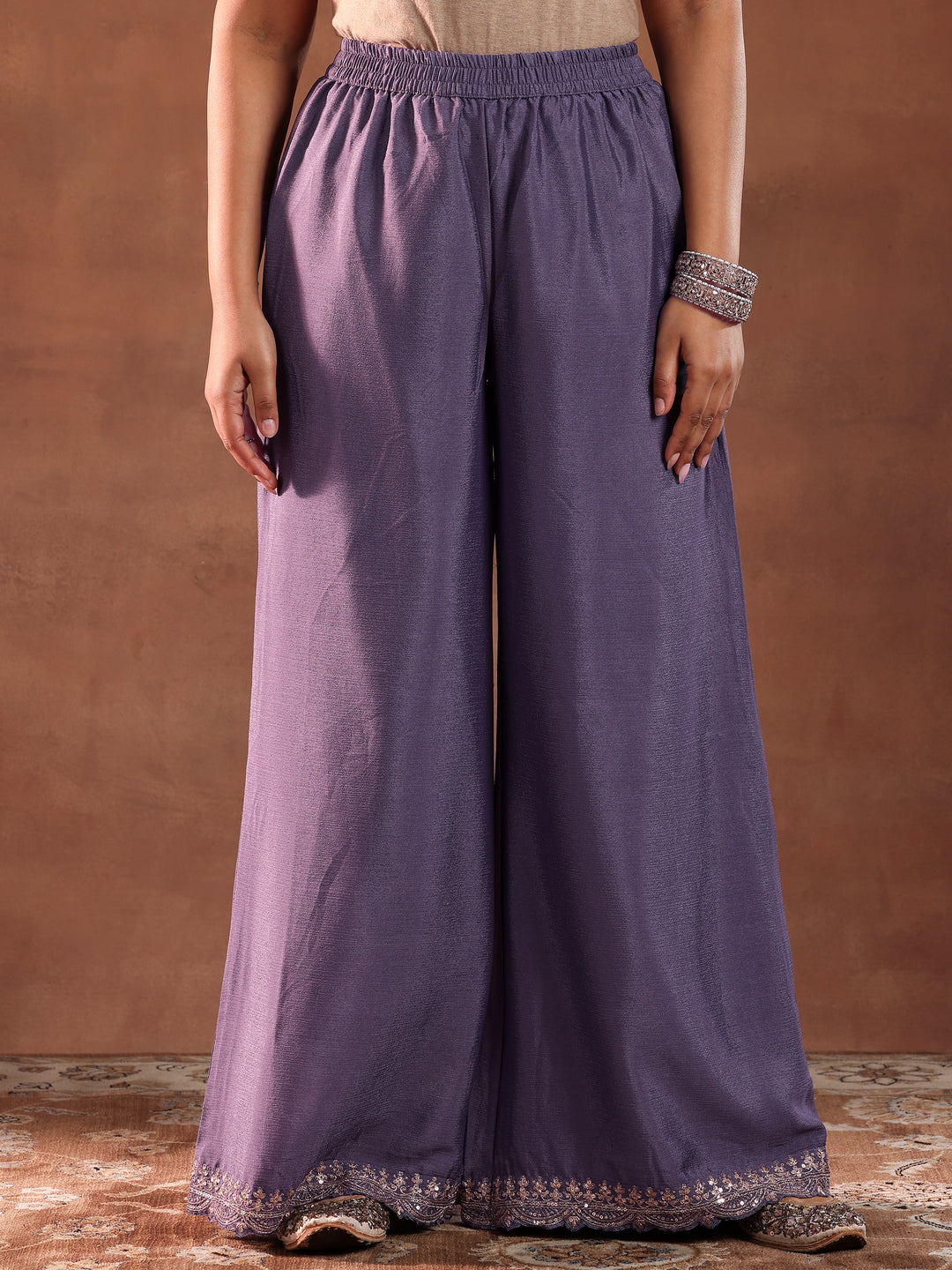 Purple Embroidered Silk Blend Straight Suit With Dupatta