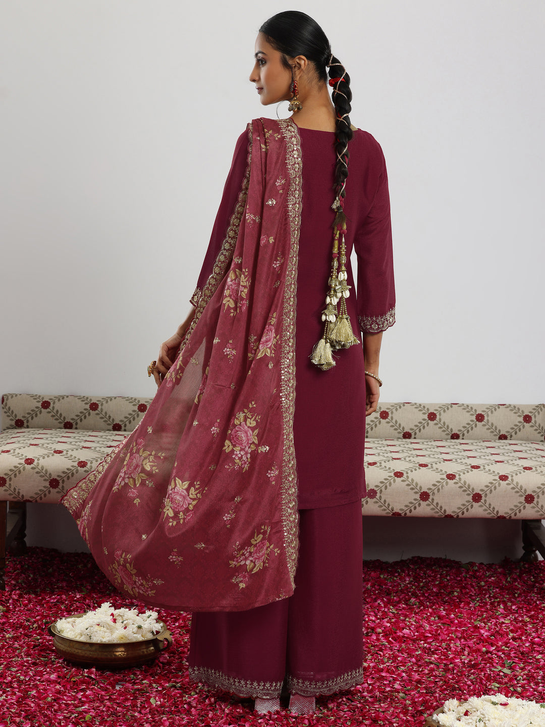 Maroon Embroidered Silk Blend Straight Suit With Dupatta
