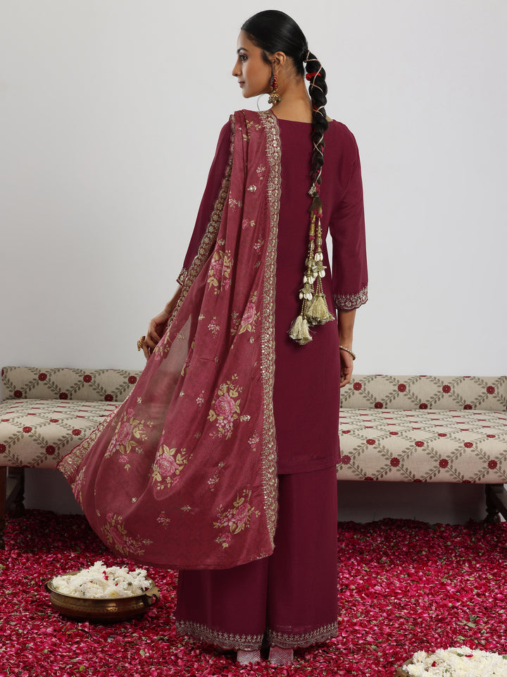 Maroon Embroidered Silk Blend Straight Suit With Dupatta