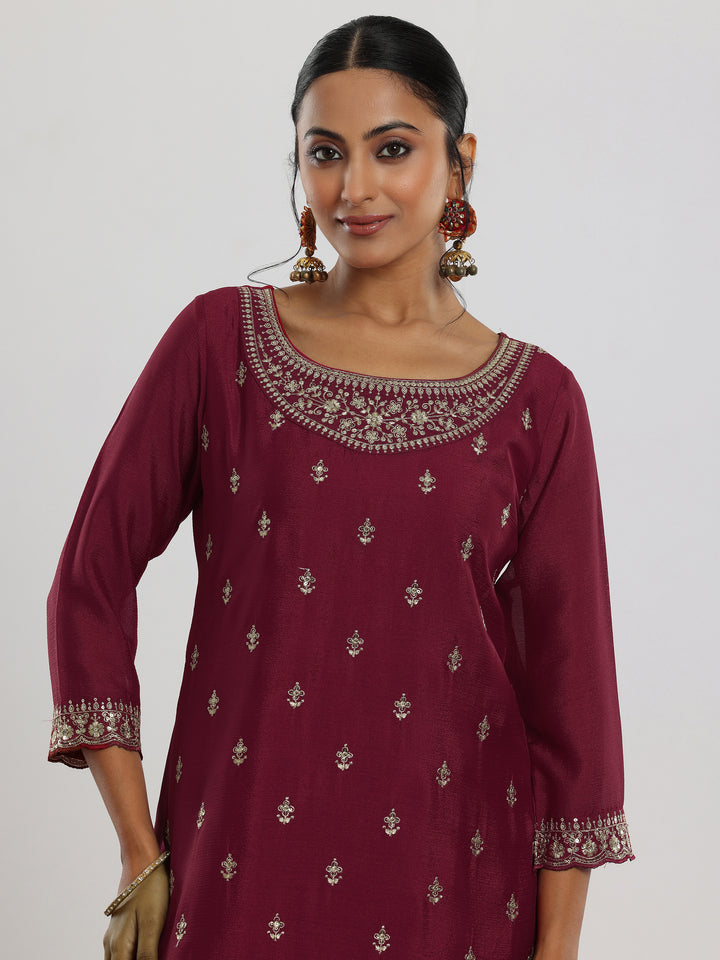 Maroon Embroidered Silk Blend Straight Suit With Dupatta