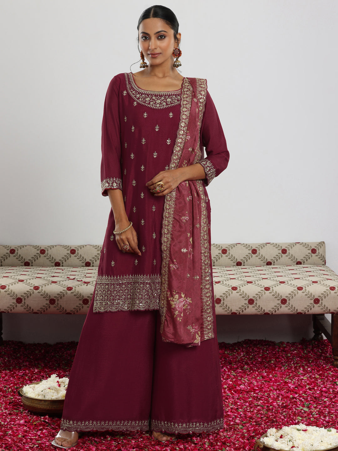Maroon Embroidered Silk Blend Straight Suit With Dupatta
