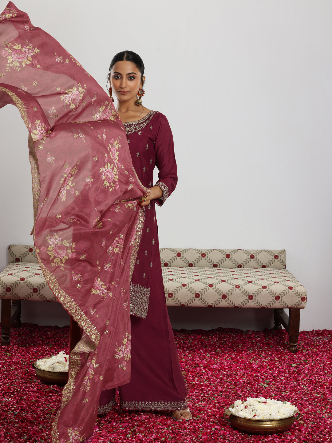 Maroon Embroidered Silk Blend Straight Suit With Dupatta