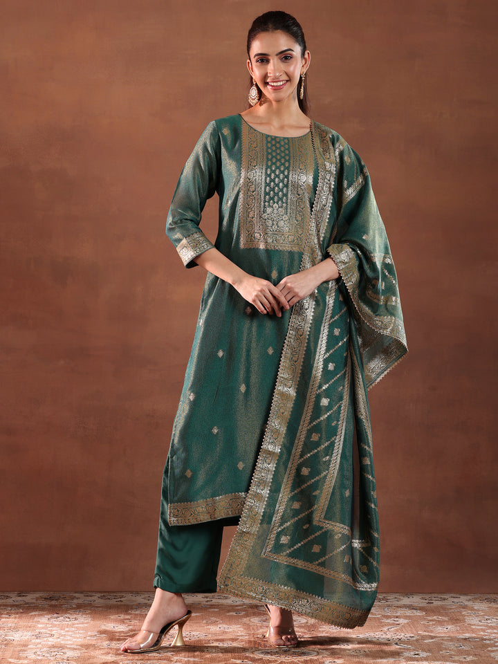 Green Woven Design Silk Blend Straight Suit With Dupatta