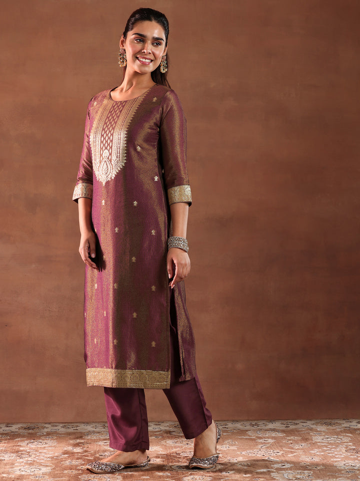 Maroon Woven Design Silk Blend Straight Suit With Dupatta