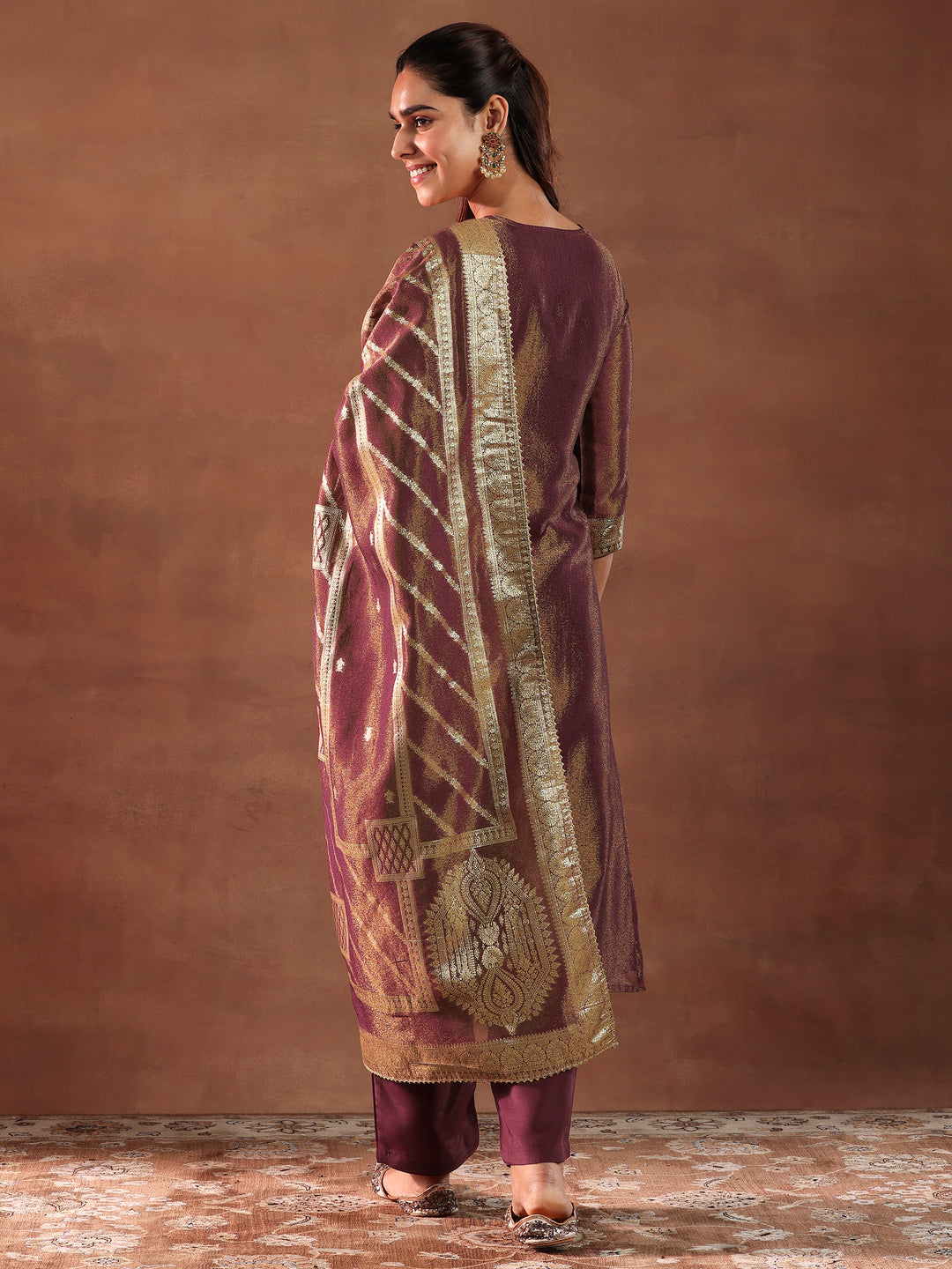 Maroon Woven Design Silk Blend Straight Suit With Dupatta