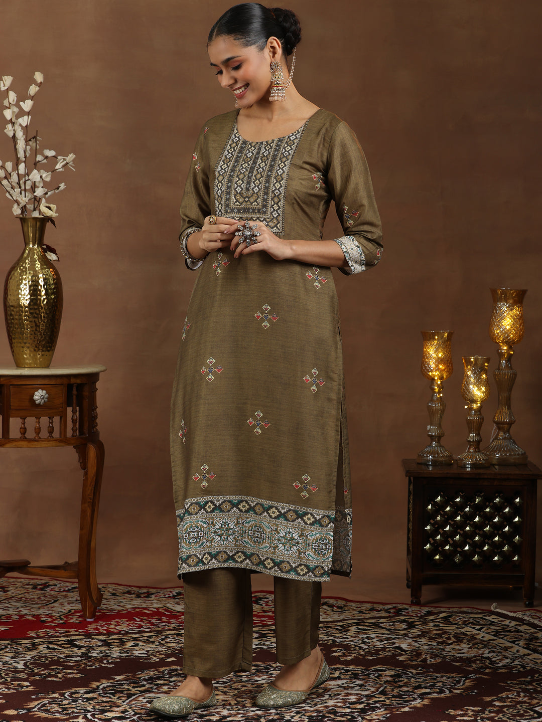 Brown Printed Silk Blend Straight Suit With Dupatta