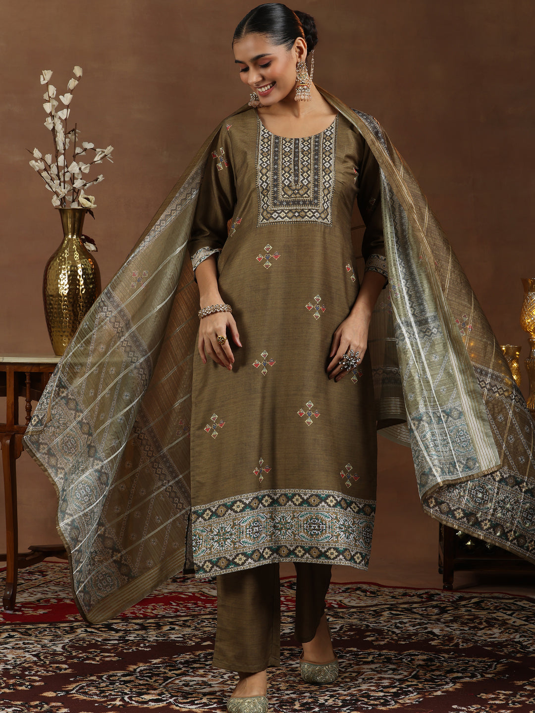 Brown Printed Silk Blend Straight Suit With Dupatta