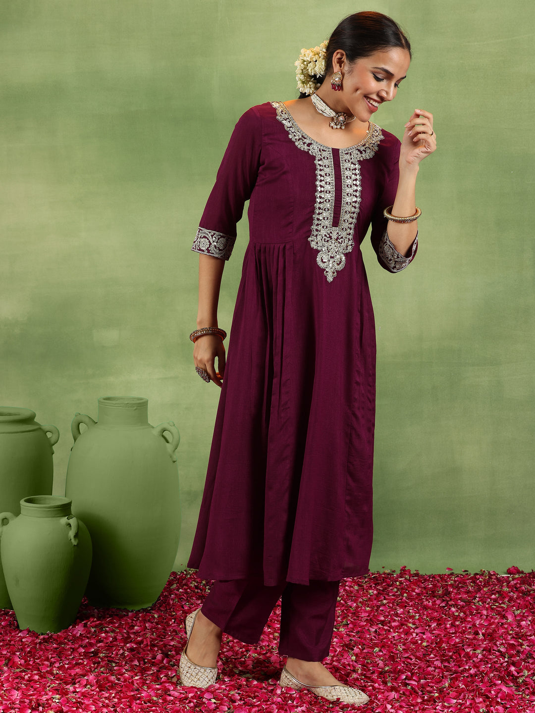 Maroon Yoke Design Silk Blend Anarkali Suit With Dupatta