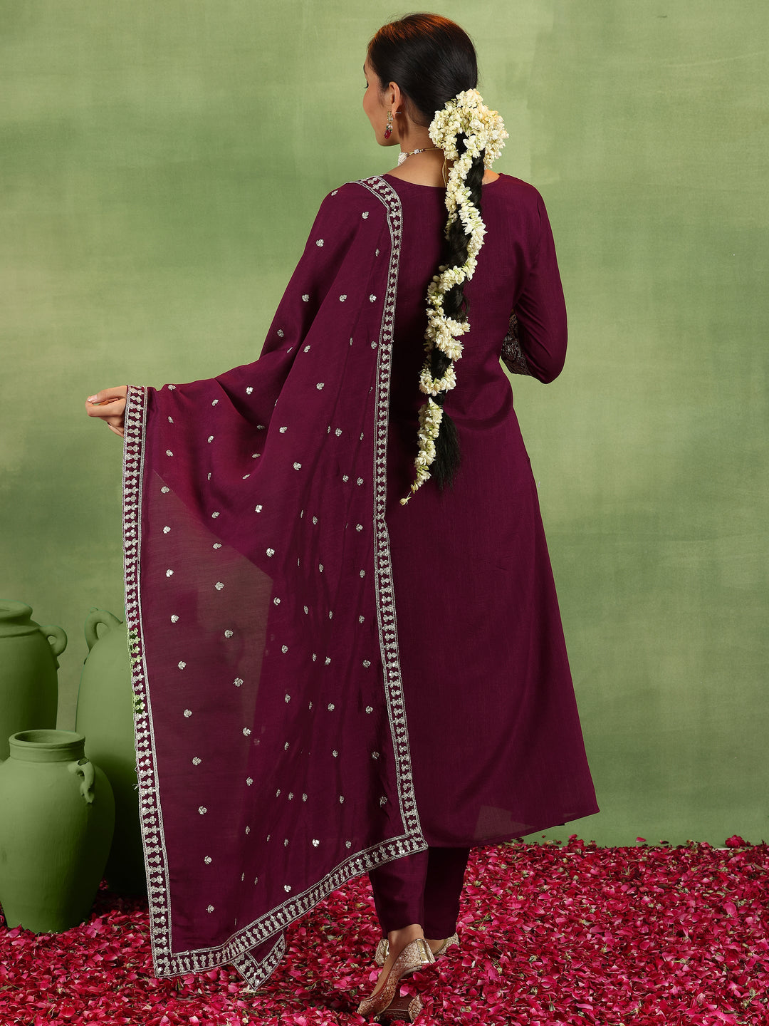 Maroon Yoke Design Silk Blend Anarkali Suit With Dupatta