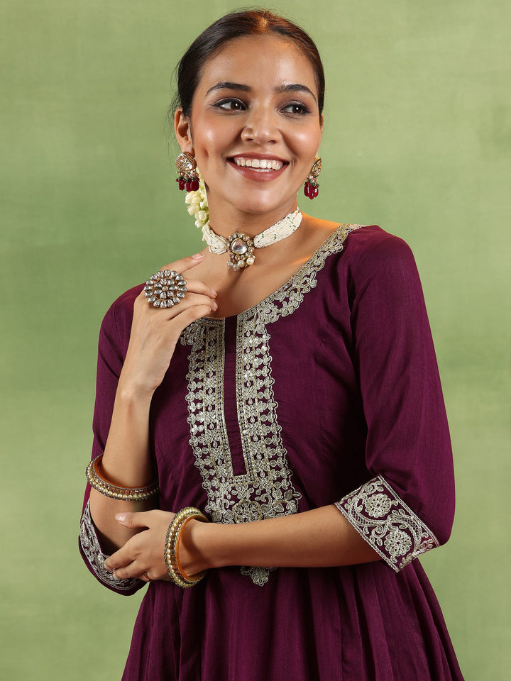 Maroon Yoke Design Silk Blend Anarkali Suit With Dupatta