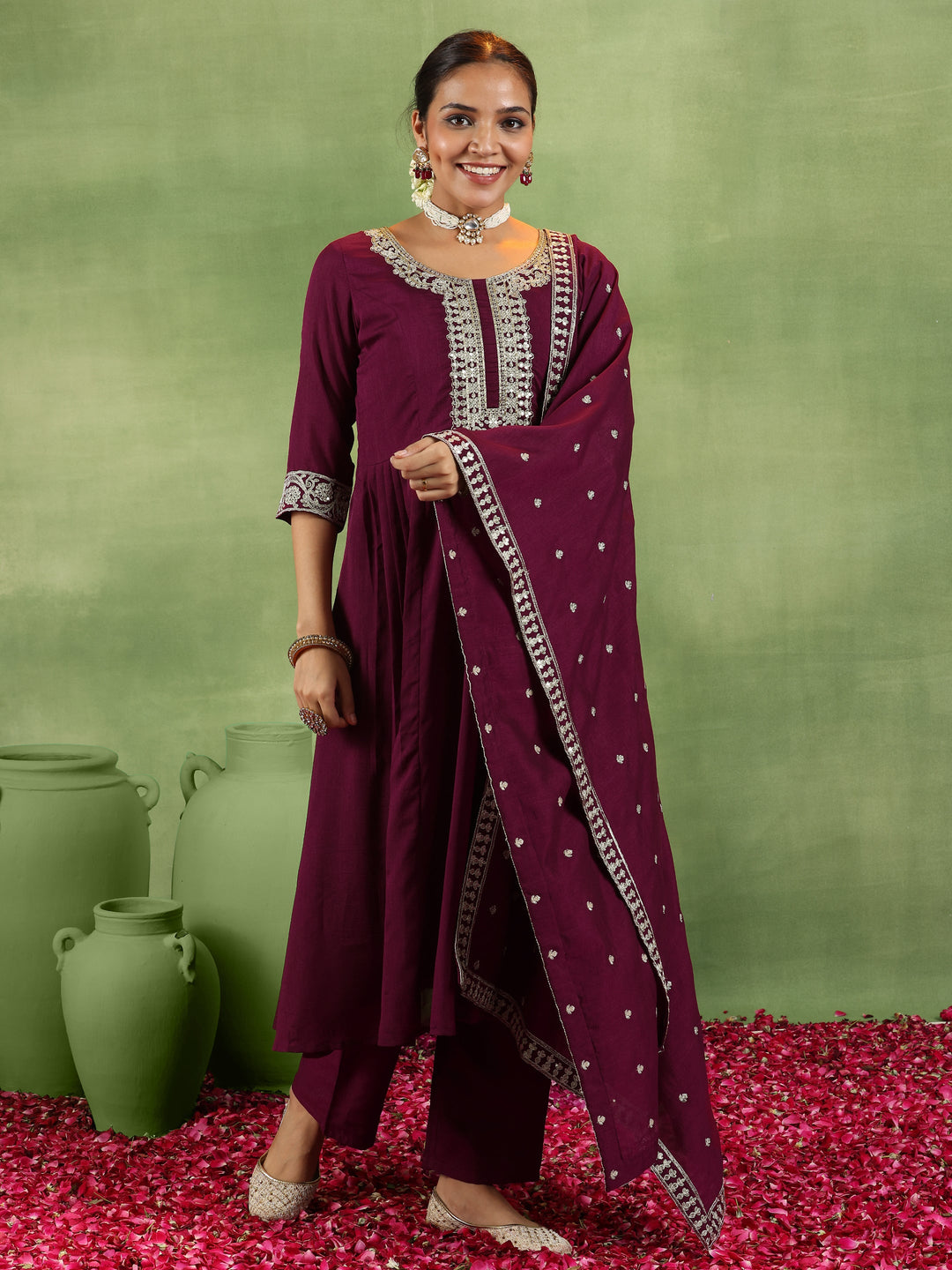 Maroon Yoke Design Silk Blend Anarkali Suit With Dupatta