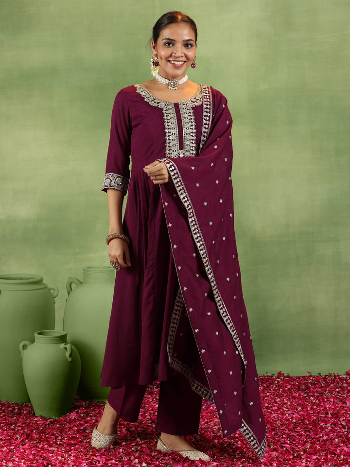Maroon Yoke Design Silk Blend Anarkali Suit With Dupatta