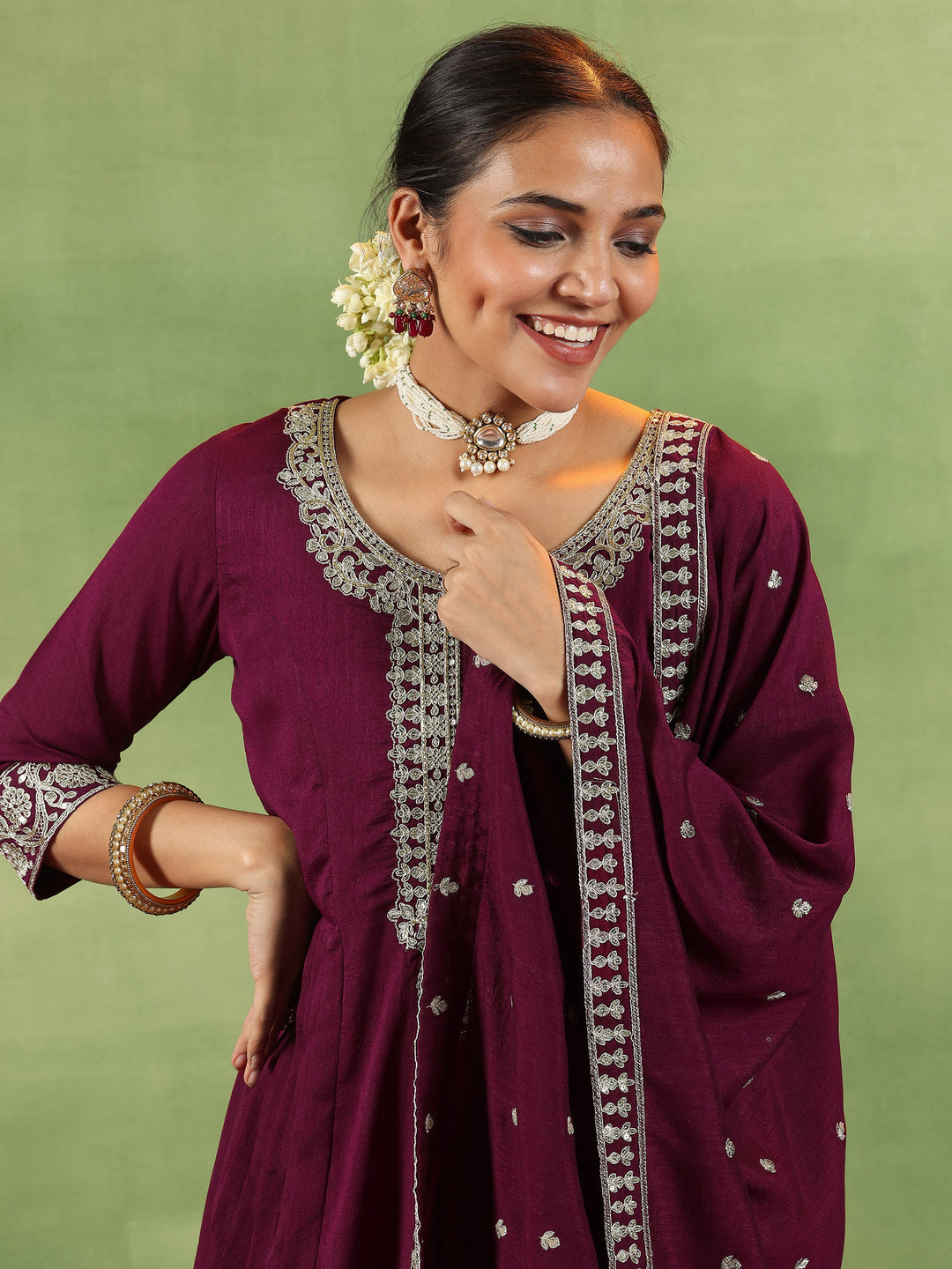 Maroon Yoke Design Silk Blend Anarkali Suit With Dupatta