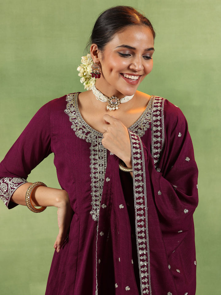 Maroon Yoke Design Silk Blend Anarkali Suit With Dupatta